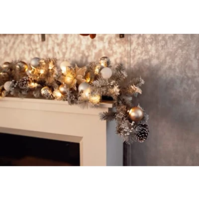 Image of Marco Paul 6ft Christmas garland with LED Lights, Battery Operated Pre Lit Silver Artificial pinecones and baubles for Decor, fireplace Indoor Outdoor