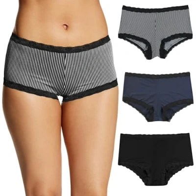 Image of Maidenform Women&#039;s Underwear, Microfiber with Lace Boyshort Panties, One Fab Fit, 3 Pack Boy Short, Stripe/Navy Black/Black, S (Pack of 3)