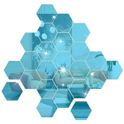 Image of NAILDOKI DIY Wall Decals Acrylic Mirror Sticker Set 36 Pcs, Hexagon Stickers for Living Room Bedroom Decor (Blue)