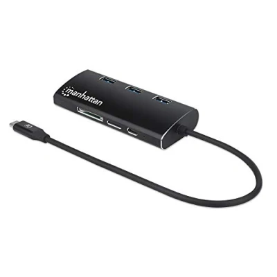 Image of Manhattan USB C Dock/Hub With Card Reader, Ports (x6): Ethernet, HDMI, A (x3) and C, Power Delivery to Port (100W), Cable 30cm, Aluminium, Black, Three Year Warranty, Retail Box