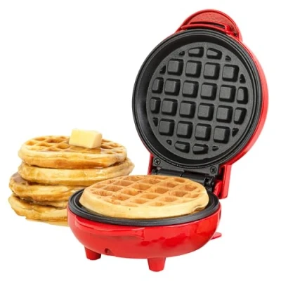 Image of Giles &amp; Posner® EK4214G Mini Waffle Maker, Non Stick Electric Machine, 550 W, Compact Snack Fun Cooking with Power/Ready Indicator Lights, Red