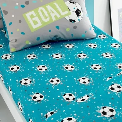 Image of Bedlam Blue Aqua Football Bed Sheet Single Fitted (190 x 90 25cm) in Bedding for Boys Bedroom Accessories with Soccer Ball