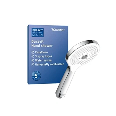 Image of Duravit Universal Shower Head, Handheld Head with 3jet Types (Rain, Pulse, Mono), Round (Ø 120 mm), Water Saving Minusflow Function, Easy to Clean, Chrome/White