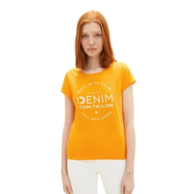 Image of TOM TAILOR Denim Women&#039;s 1037722 T Shirt with Lettering, 31684 Bright Mango Orange, Large
