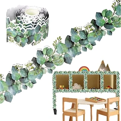 Image of Mineatig Eucalyptus Border Bulletin Board,15m/49ft Backing Paper For Wall Displays School,Jungle Theme Classroom Decor,Green Leaves Borders Tropical Decor Sign Home School Classroom(1 Roll)