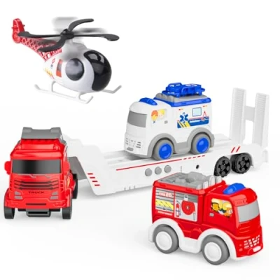 Image of GizmoVine Car Transporter Toy, Fire Truck, Rescue Lorry with 2 Vehicles 1 Helicopter, Friction Power, Three Warning Sound, Baffle can be Lowered, Gifts for Kids 3 8 Year Olds