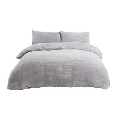 Image of Sleepdown Teddy Fleece Duvet Cover Quilt Bedding Set with Pillow Cases Thermal Warm Cosy Super Soft Grey, King
