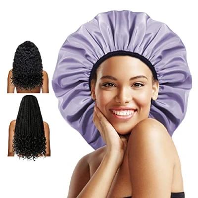 Image of Auban Extra Large Shower Cap, Double Layer Waterproof Reusable Satin Lining Bonnet for Women Long Hair, Braids, Locs, perms (Purple)