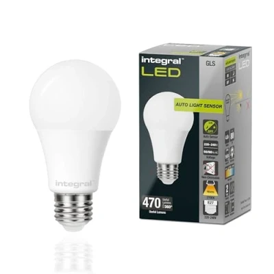 Image of Integral LED 2 Pack E27 Non Dimmable Dusk to Dawn Dual Sensor Frosted GLS Bulb Warm White 2700K, 470lm, 4.8W (40W Equivalent) Energy efficient &amp; Ideal for Outdoor, Porch, Garage, Garden