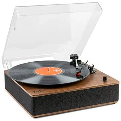 Image of Fenton RP161 Bluetooth Vinyl Record Player with Built In Speakers Walnut Wood Finish, Belt Driven Turntable, 2 Speed Options for 33/45 RPM Records, Players Home Audio