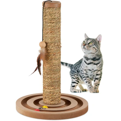 Image of Relaxdays Cat Scratching Column, HxD: 45 x 30 cm, Scratch Post with Toy, Seagrass Rope, Interactive Pet Tree, Brown
