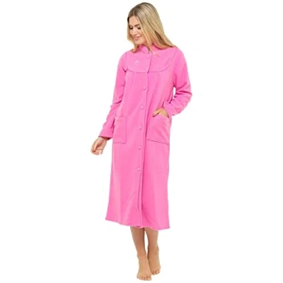 Image of Ladies Fleece Dressing Gown Sizes UK 10 to 26 Robe wrap Button Front Pockets (22/24, Pink)