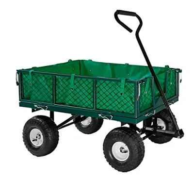 Image of Neo Garden Trailer Pull Along Trolley Heavy Duty Green Mesh Utility Wagon With Folding Sides and Pneumatic Tyres for Gardening, Festivals, Camping (Metal Cart Cover)