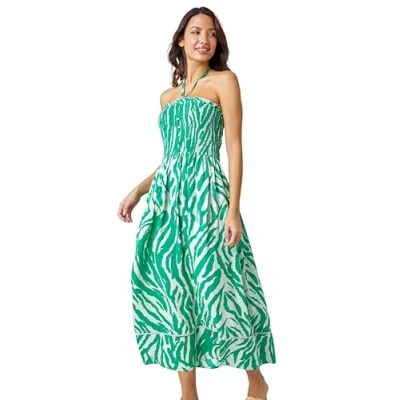 Image of Roman Womens Animal Shirred Stretch Maxi Dress Green Size 18 UK