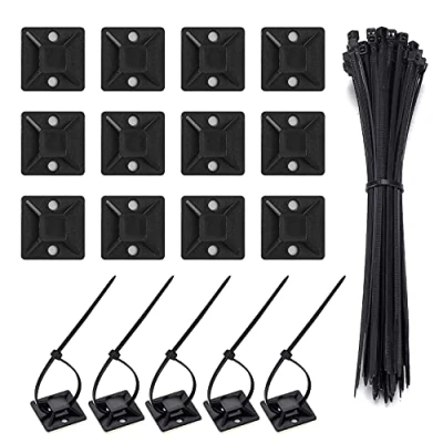 Image of Cable Ties Adhesive Mounts, 100 Pcs Self Zip ＆ Wire Tie Mount Base Holders, Sticky Pads Organizer with Locking Nylon Wraps for DIY Home Office Workshop