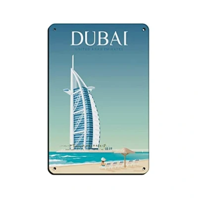 Image of AZOLID Vintage Metal Tin Signs Dubai Travel Poster Wall Decor Office Cafe Bathroom Badroom 14x20CM