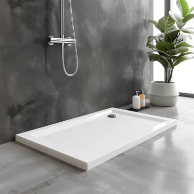 Image of Go Bathrooms Shower Tray 1200 x 760mm White Rectangle 40mm Low Profile Enclosure Stone Resin Acrylic Capped Cubicle