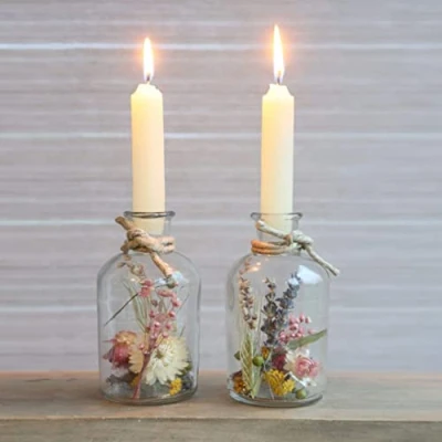 Image of Comforder Glass Candlestick Holder w. Dried Flowers, Candle Set of 2, Home Decor or Table Centrepiece (cream)