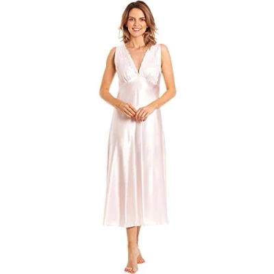 Image of undercover lingerie Womens Satin &amp; Deep Lace Long Chemise Nightdress with Build Up Shoulder N52 Pale Pink