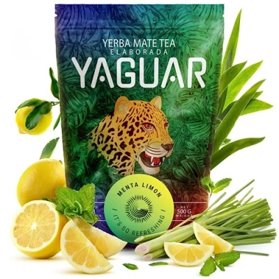 Image of Yaguar Menta Limón 500g, Yerba Mate Tea with Lemon &amp; Mint, Brazilian Tea, Refreshing, Gluten Free, Vegan