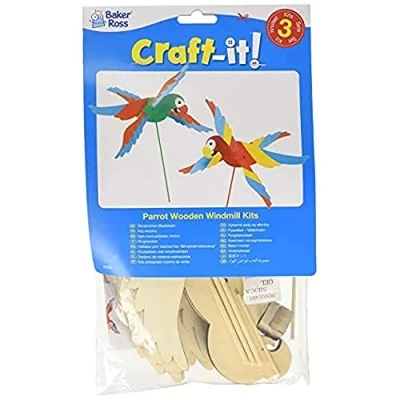 Image of Baker Ross FE128 Parrot Wooden Windmill Kits Pack of 3, for Kids Arts and Crafts Projects, Children to Decorate, Personalise Display