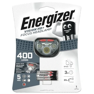 Image of Energizer Vision HD+ Focus LED Head Torch, Bright Headlamp, Water Resistant, Lightweight for Indoor and Outdoor Activities, Batteries Included, Grey