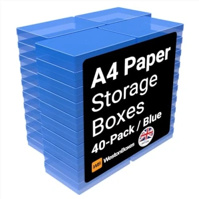 Image of WestonBoxes A4 Colourful Transparent Plastic Craft Storage Boxes with Lids for Art Supplies, Paper and Card (Blue/Pack of 40)