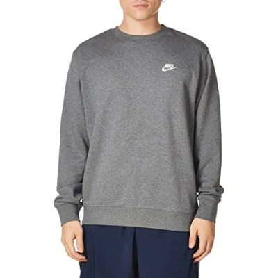 Image of Nike M NSW Club CRW Ft Long Sleeved T Shirt Charcoal Heathr/(White), XX Large