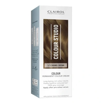 Image of Clairol Colour Studio Permanent Cream Hair Dye Long lasting Rich Tones 100% Grey Coverage Dermatologically Tested Vegan Formula Colouring Kit Caramel Brown 5/3 50ML