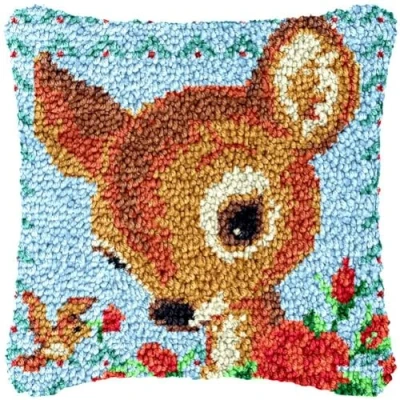 Image of CAIRF Deer Pattern Embroidery Kit Cushion Cover Set Latch Hook Kits DIY Yarn Pillow Pillowcase, 43cmx43cm