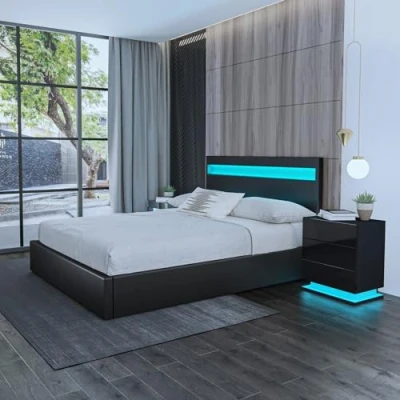 Image of Bed Frame, 5FT Ottoman with LED Headboard, Gas Lift Frame Storage, Faux Leather King for Bedroom Living Room Home Furniture, Black