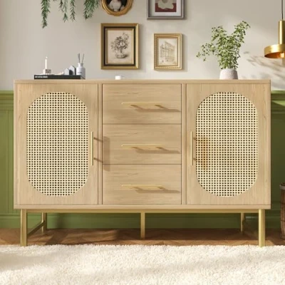 Image of Merax Rattan Sideboard Storage Cabinet with 2 Doors and 3 Drawers,Adjustable Shelves, Metal Handles, Anti Tip, 120 x 40 74 cm, Oak Perfect for Living Room, Bedroom, Hallway