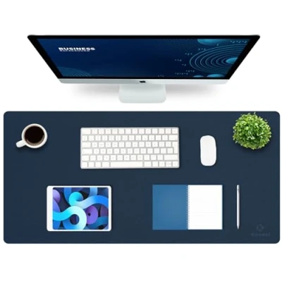 Image of K KNODEL Leather Desk Mat, Office Pad, Large Mouse Keyboard Computer and Laptop Mat for Desk, Protecor Desktop Writing, Blotter Cover (90x43cm, Dark Blue)