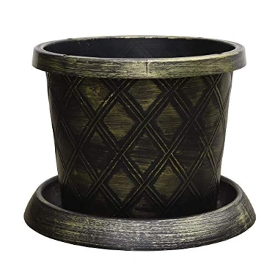 Image of Outdoor Large Garden Patio Container &amp; Saucer Stunning black and gold lattice effect Ideal for planting flower plugs shrub vegetables 1 x 39cm Pot by Thompson Morgan