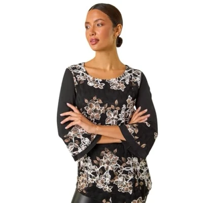 Image of Roman Originals Floral Print Lace Asymmetric Hem Top for Women UK Ladies Everyday Autumn Winter Round Neckline Comfy Soft Evening Vacation Work Party Night Out Tan Size 12