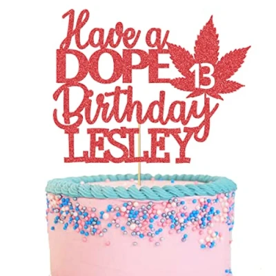 Image of GuteGifts Personalised Have a Dope Birthday Cake Topper Pot Leaf Green Weed Theme Party Decoration for Baby Shower Wedding Custom with Any Name &amp; Age Glitter Card (Red)