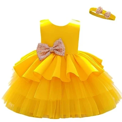 Image of Lito Angels Kids Flower Girl Bridesmaid Dresses Wedding Party Outfit Fancy Ball Gown Occasion Dress with Headband Age 4 5 Years, Yellow (Tag Number 110)