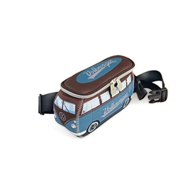Image of BRISA VW Collection Volkswagen Neoprene Hip Bag Belly Money Belt Crossbody for Outdoor and Travel in T1 Bus Campervan Design (Petrol/Brown)