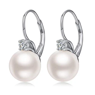 Image of Pearl Earrings, Dangle Earrings Sterling Silver for Women Drop Leverback Freshwater Dangling Earring 10MM