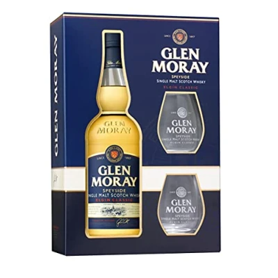 Image of Glen Moray Classic single malt Scotch whisky 70cl 40% ABV with 2 glasses, Speyside region matured in Bourbon casks glasses. Distilled and Elgin