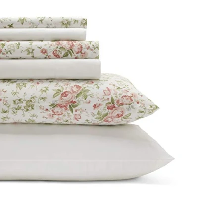 Image of Laura Ashley King Sheets, Cotton Percale 6 Piece Bedding Set, Crisp &amp; Cool Home Decor (Marissa Coral, King)