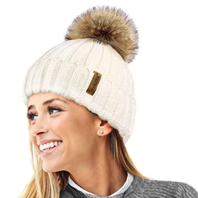Image of TOSKATOK®Womens Warm Winter Hat Woolly Knitted Beanie with Detachable Chunky Faux Fur Bobble Pom Cream