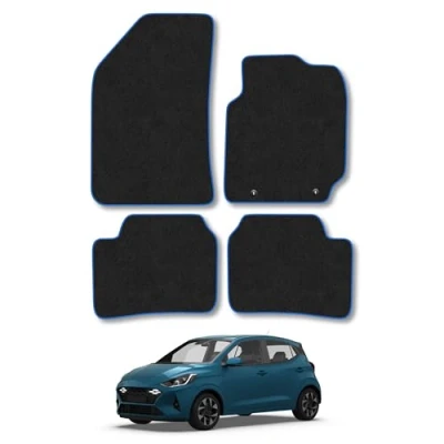 Image of Car Mats Compatible with Hyundai I10 (2020 ) Tailored Fit Blue Carpet Floor Set Accessory Custom 4 Pieces Anti Slip Backing &amp; Binding Trim Edge