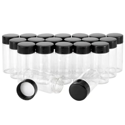 Image of Unxuey 20 pcs ml (2/3 Oz) Clear Glass Vials Sample Bottles with Plastic Screw Black Cap Transparent Lab Container