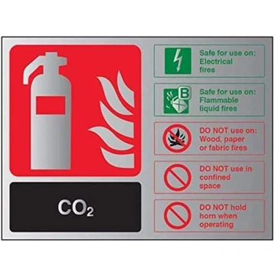 Image of VSafety Fire Extinguisher CO2 ID Sign 200mm x 150mm 3mm Brushed Alu Comp