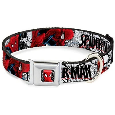 Image of Buckle Down Dog Collar Seatbelt Spider Man Action Poses Comic Scenes White Black Red 15 to 26 Inches 1.0 Inch Wide, Multicolor (DC WSPD039 L)