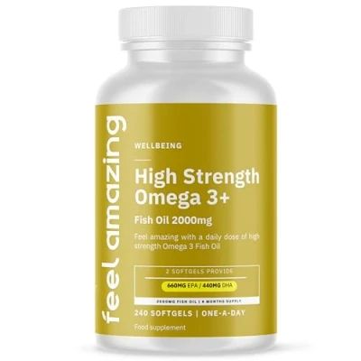 Image of High Strength Omega 3 Fish Oil 2000mg 240 Capsules (4 Month Supply) 660mg EPA &amp; 440mg DHA per Daily Serving (2 Softgels) Supports Normal Heart Function