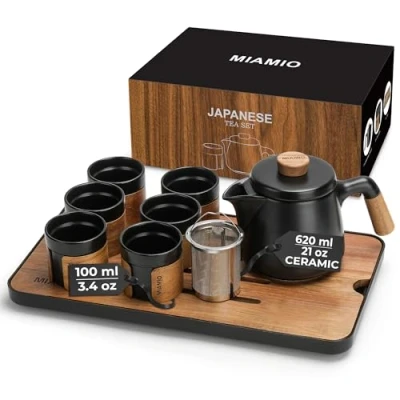 Image of MIAMIO Japanese/Chinese Tea Set 6 x 100 ml/Asian Pot 620 ml with Infuser, Traditional Japanese Cups for Lovers/Men/Women (Black)