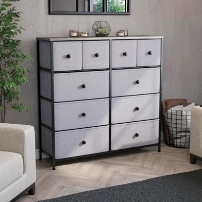 Image of Vida Designs Chorley Chest of Drawers with Sturdy Metal Frame, Wood Top, and Fabric Drawers, Easy to Assemble Versatile Storage Unit for Bedroom, Living Room, or Nursery (Beige &amp; Grey Wood, 10 Drawer)