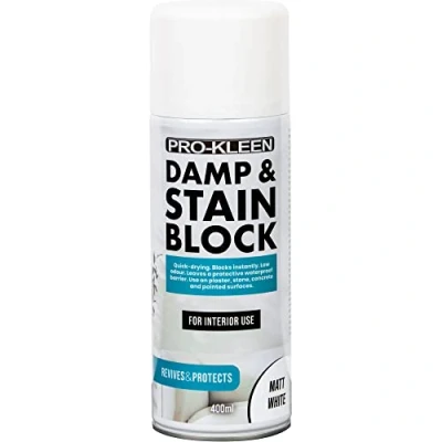 Image of Pro Kleen Damp &amp; Stain Block Spray Paint Primer White Matt 400ml Covers Damp, Mould, Grease, Nicotine Rust Stains for Walls Ceilings Leaves a Waterproof Barrier